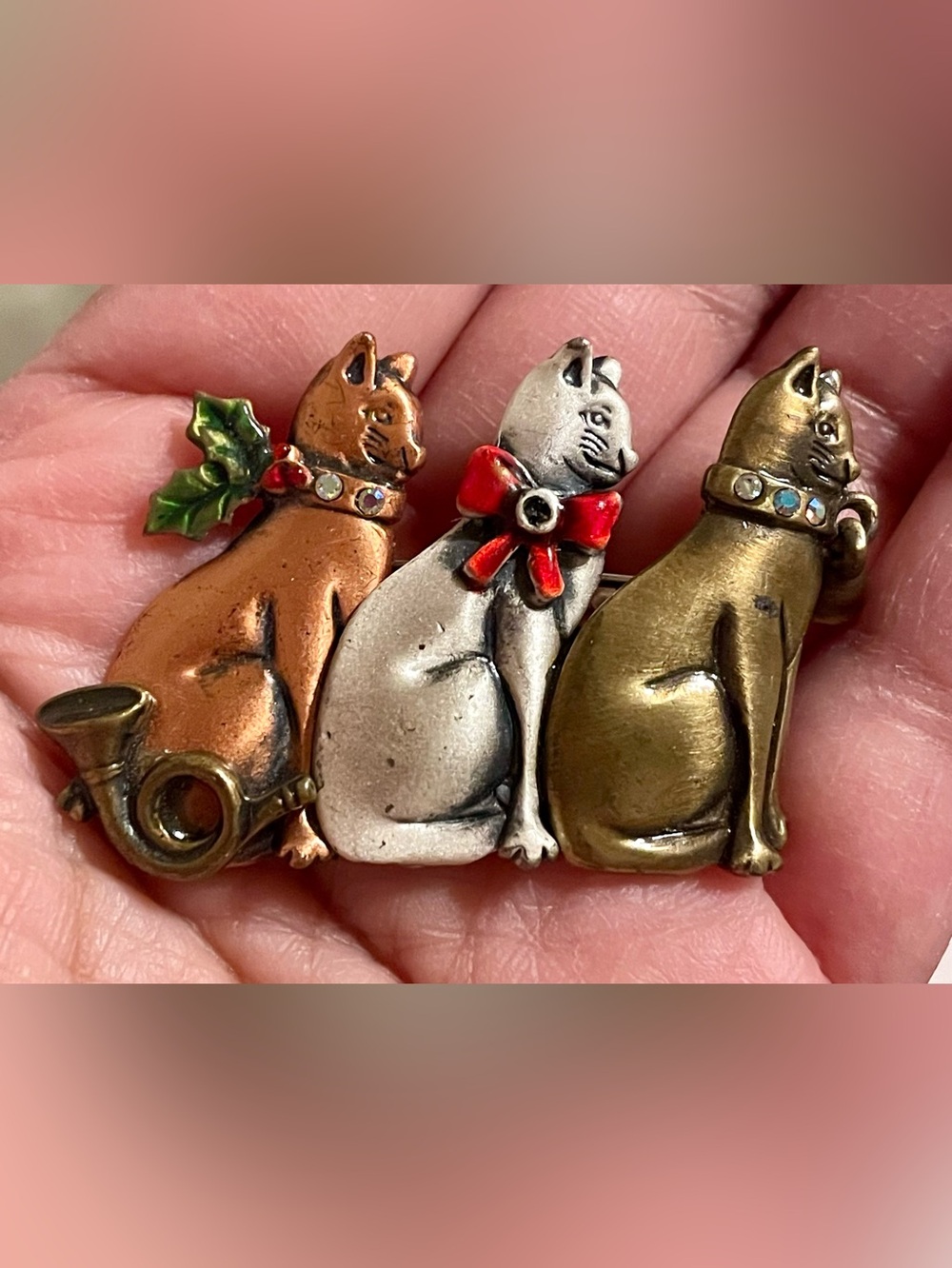 Kenneth Cole Trio Cat Brooch Pin in Bronze, Silver & Gold Tones with Red Accent
